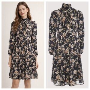 Minimal Tally floral long sleeve tie neck Dress Black 25194